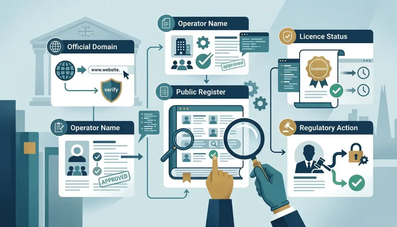 Illustration of a regulatory checklist reviewing domain, operator, licence status and public register records
