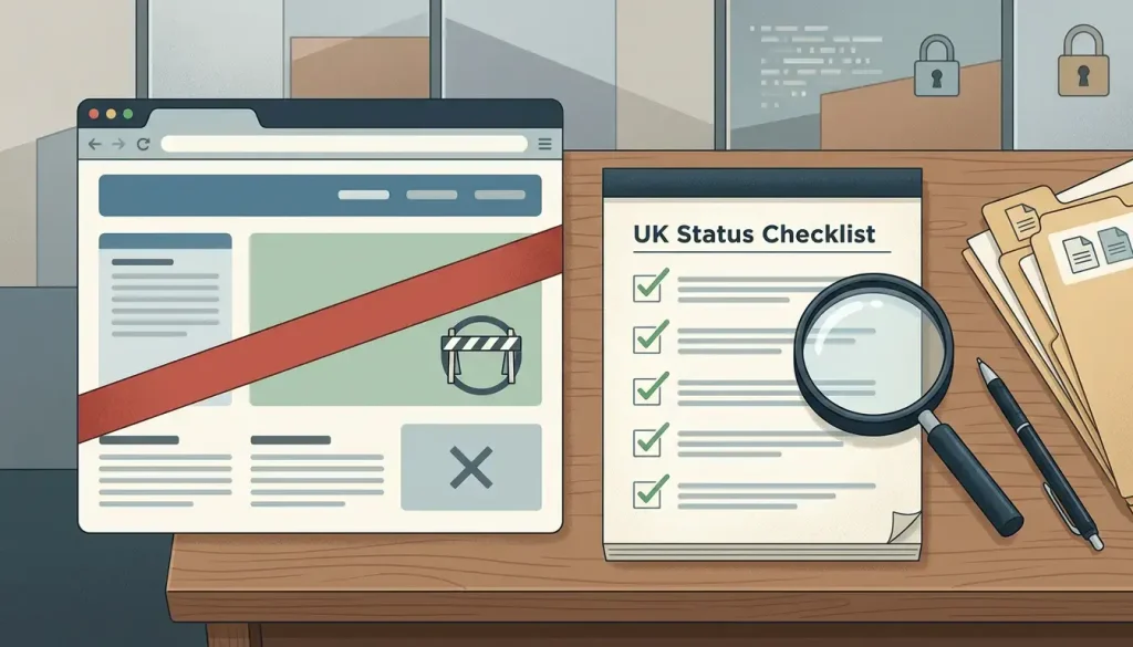 Illustration of an online casino closure notice beside a UK status checklist